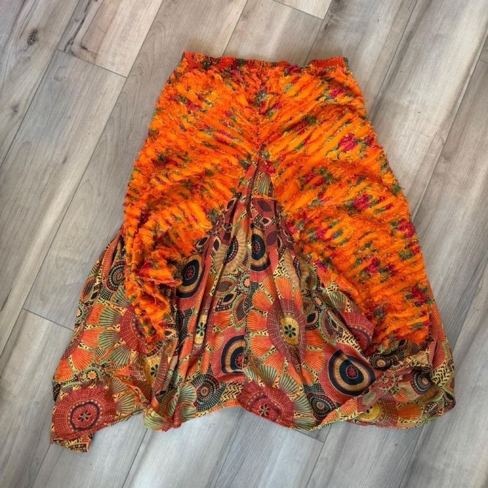 Orange and red patchwork boho print maxi skirt with ruffles and pockets handmadd
